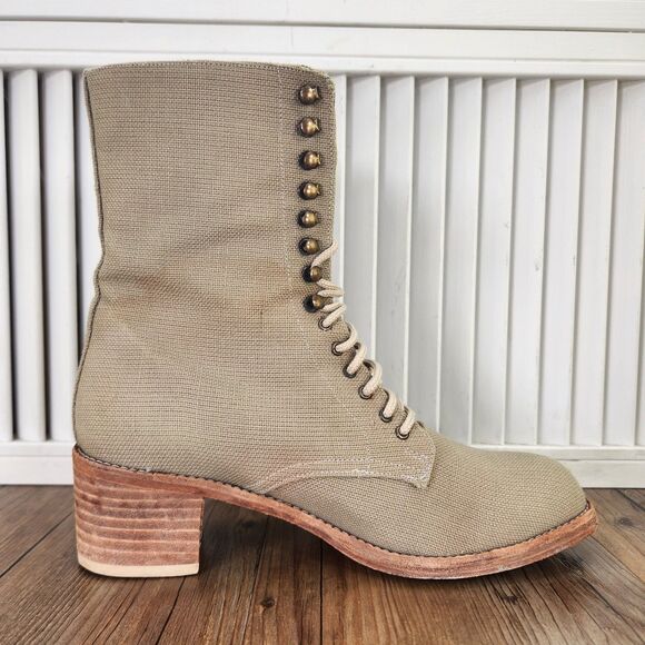 VINTAGE Colin Stuart Womens Size 8 Beige Lace Up Boho Combat Canvas Boots Chile - Picture 5 of 14